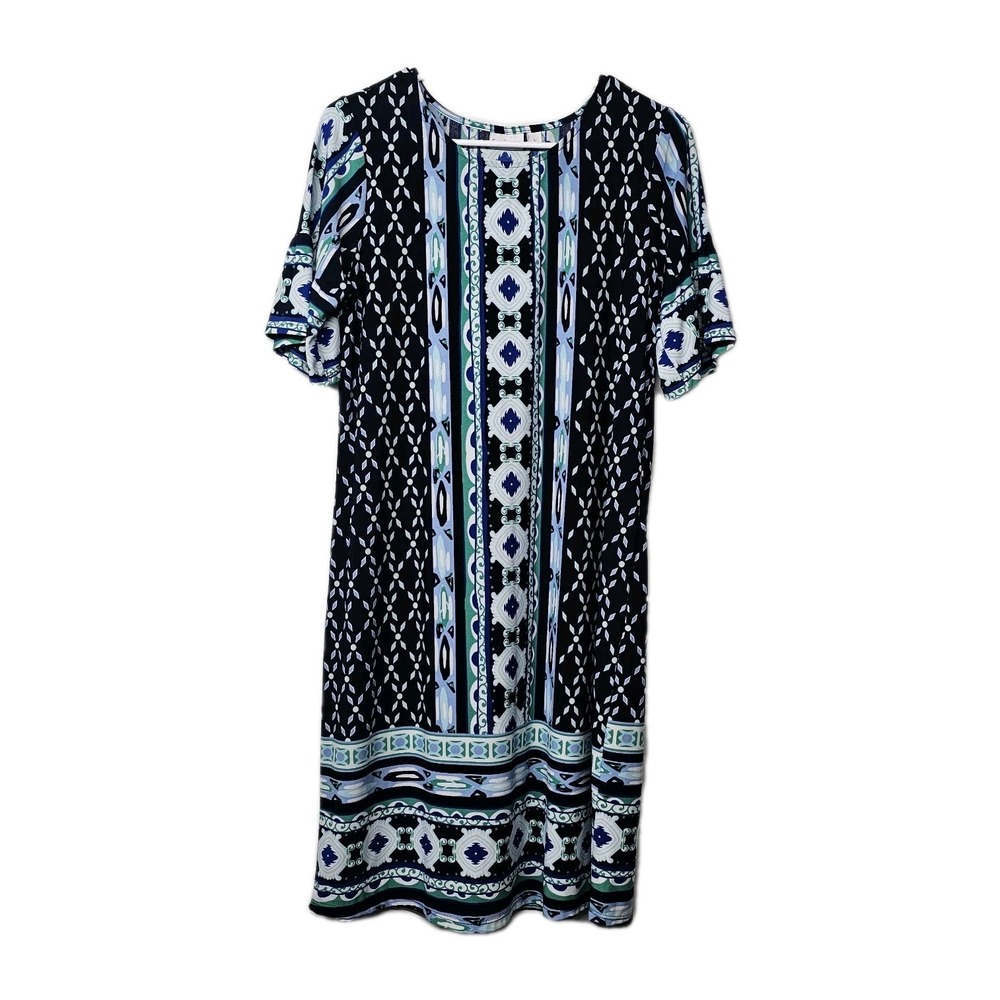 KIM ROGERS Womens Large Blue Striped‎ Patterned Short Sleeve Midi Dress EUC